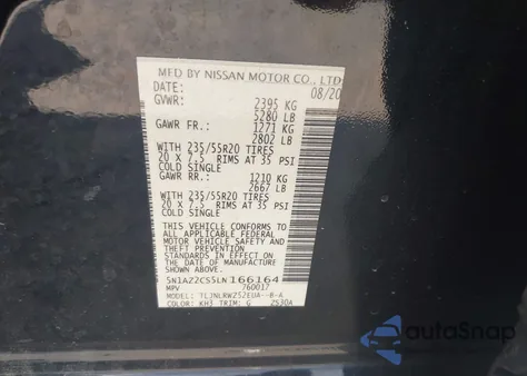 2020 Nissan Murano Sl Intelligent Awd z USA, uszkodzony, nr VIN 5N1AZ2CS5LN166164